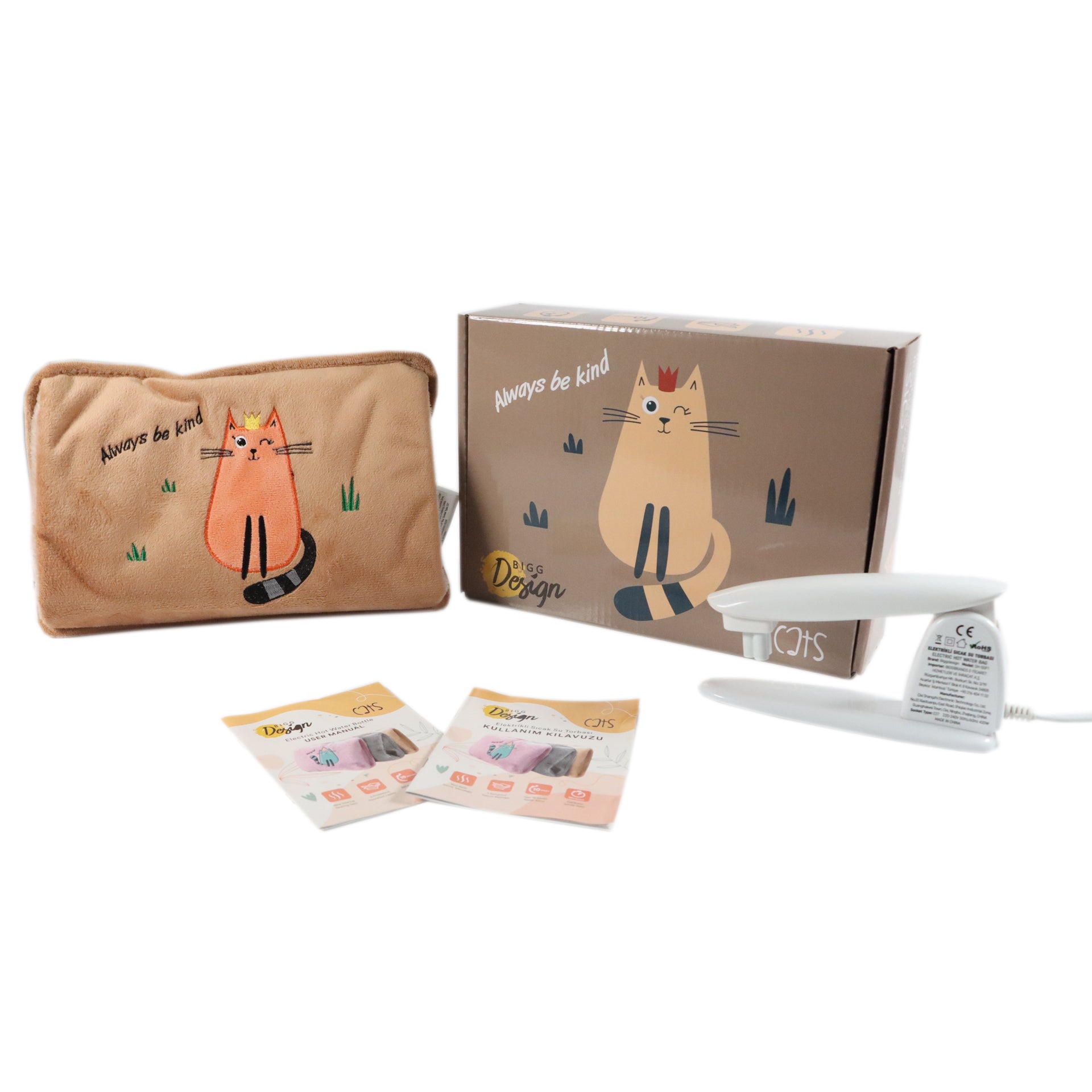 Biggdesign Cats Kind Cat elektrische Wärmflasche mit weichem Plüschbezug und freundlichem Katzendesign, ideal für Wärme und Komfort.